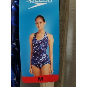 Speedo Medium One Piece Swimsuit Blue Moderate Leg Improved Fit UPF 50+ halter